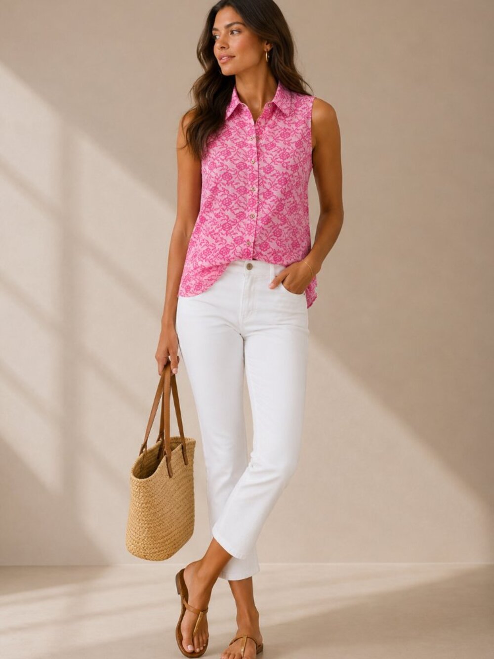 Seaplane Pink Floral Lace Print Sleeveless Button Down Shirt Size L Handmade